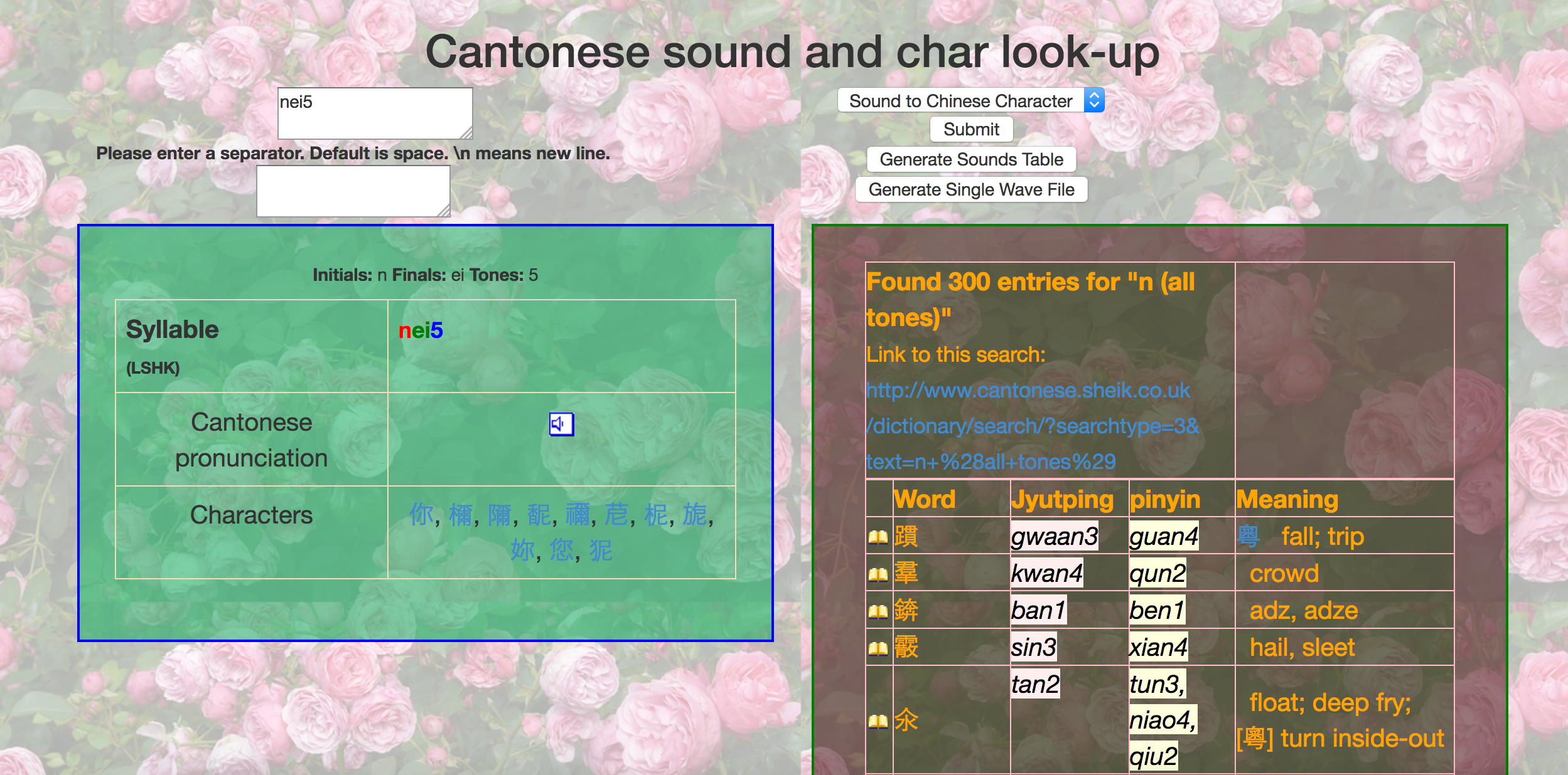 Jyutping Sounds to Chinese Characters